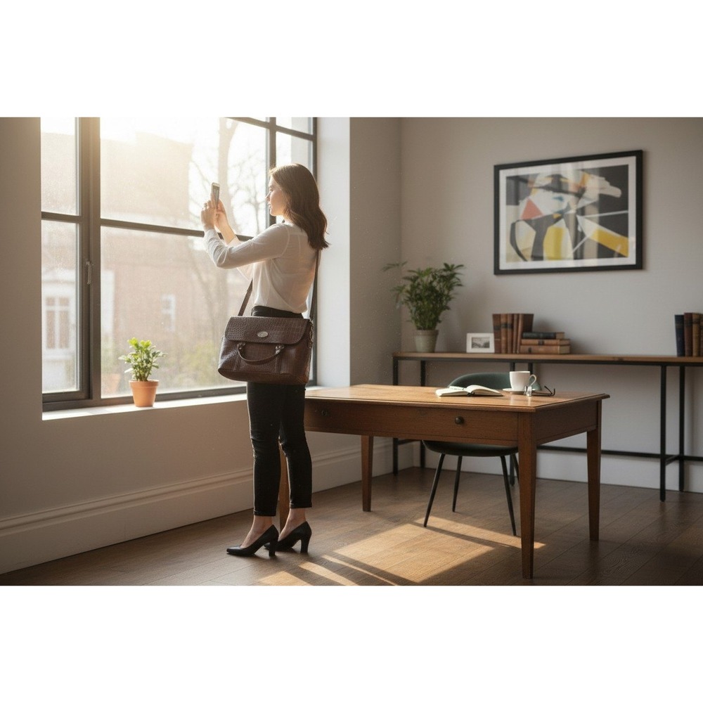 Etienne Aigner Laptop Messenger Bag Women Large Brown Good Croc Embossed